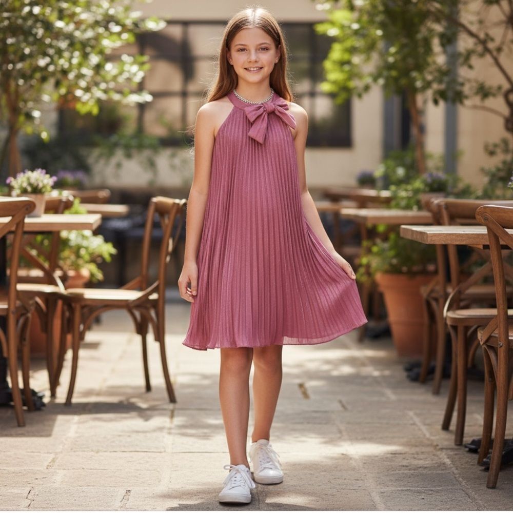GB Girls Social Pleated Bow Neck Shimmer A Line Dress NWT